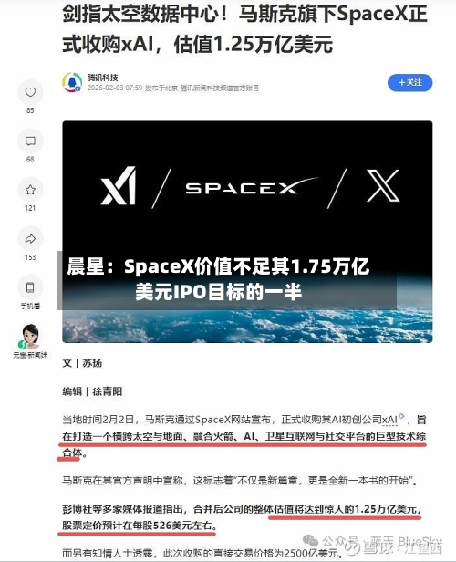 晨星：SpaceX价值不足其1.75万亿美元IPO目标的一半