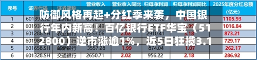 防御风格再起+分红季来袭，中国银行年内新高！百亿银行ETF华宝（512800）逆市涨逾1%，近5日狂揽3.12亿元