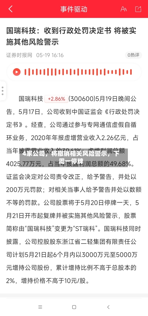 4家公司,将撤销相关风险警示,下周一停牌
