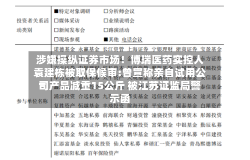 涉嫌操纵证券市场!博瑞医药实控人袁建栋被取保候审:曾宣称亲自试用公司产品减重15公斤 被江苏证监局警示函