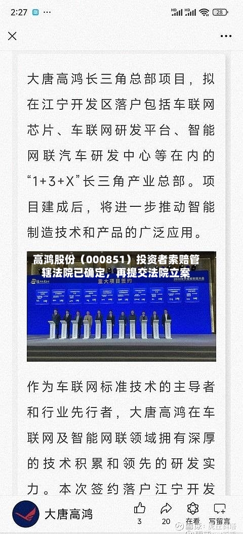 高鸿股份(000851)投资者索赔管辖法院已确定,再提交法院立案