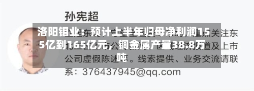 洛阳钼业：预计上半年归母净利润155亿到165亿元，铜金属产量38.8万吨